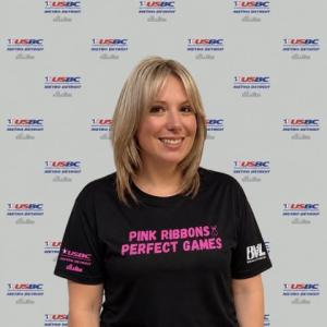 Bowler wearing the black Pink Ribbons & Perfect Games shirt